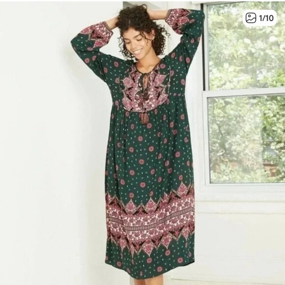 Knox Rose Dresses & Skirts - Knox Rose Size Large Midi Dress Forest Green Floral Long Sleeve Boho Prairie Tie
